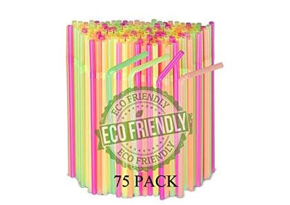 KITCHEE Biodegradable Straws eco Friendly –75-Pack Colourful Drinking Straws - Strong, Long Straw for Cocktail, Juice, Milkshake, - Flexible Straws for Picnic, Camping, Party - Neon Straws for Kids - DealYaSteal