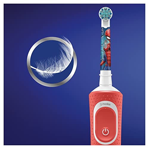 Oral-B Kids Electric Toothbrush, 1 Toothbrush Head, x4 Spiderman Stickers, 2 Modes with Kid-Friendly Sensitive Mode, For Ages 3+, 2 Pin UK Plug, Red - DealYaSteal