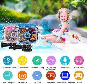DELUXIO Waterproof Camera for Kids Children Camera for Girls and Boys Digital Video Camera HD Cam Recorder Underwater Camera for Kids Toddler Camera for Birthday and Holiday Gift (Pink) - DealYaSteal