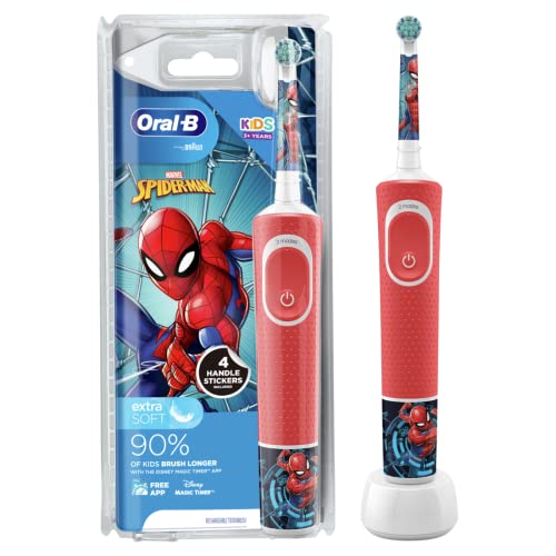 Oral-B Kids Electric Toothbrush, 1 Toothbrush Head, x4 Spiderman Stickers, 2 Modes with Kid-Friendly Sensitive Mode, For Ages 3+, 2 Pin UK Plug, Red - DealYaSteal