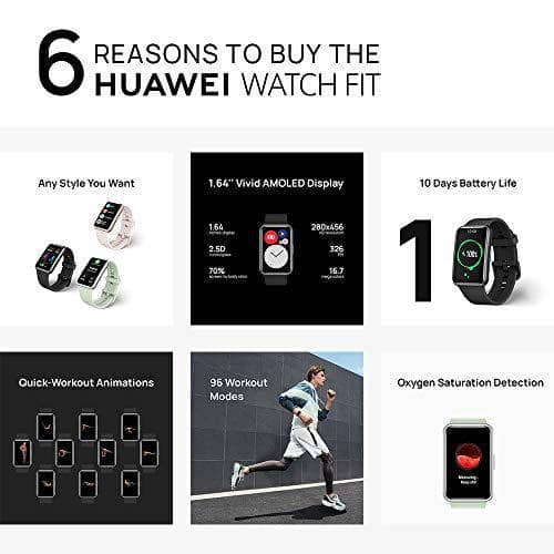 HUAWEI WATCH FIT Smartwatch with Slim Body, 1.64” Vivid AMOLED Display, Quick-Workout Animations, 10 Days Battery Life, Oxygen Saturation Detection, Heart Rate Monitoring, Graphite Black - DealYaSteal