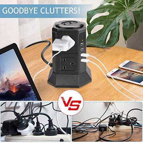 BEPiTECH Power Extension Cord, 8-Power Socket 10 Ampere with 4 USB Charger Station, Office Supplies Protected Extension Cable, Fire Retardant Multi-Plug Tower, Switched Power Strip (black) - DealYaSteal