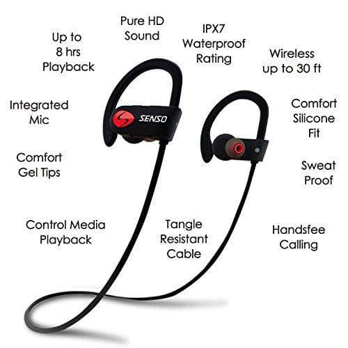SENSO Bluetooth Headphones, Best Wireless Sports Earphones w/Mic IPX7 Waterproof HD Stereo Sweatproof Earbuds for Gym Running Workout 8 Hour Battery Noise Cancelling Headsets (Red) - DealYaSteal