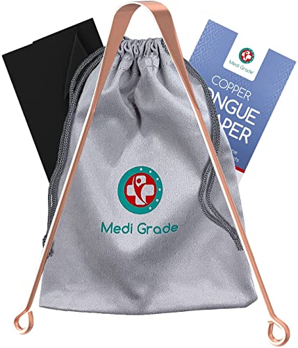 Copper Tongue Scraper Kit with Bag and Cloth - Bad Breath Solution for Oral Hygiene by Medi Grade - Tongue Cleaner - Natural Breath Freshener and Confidence Booster - Tongue Scraper - DealYaSteal