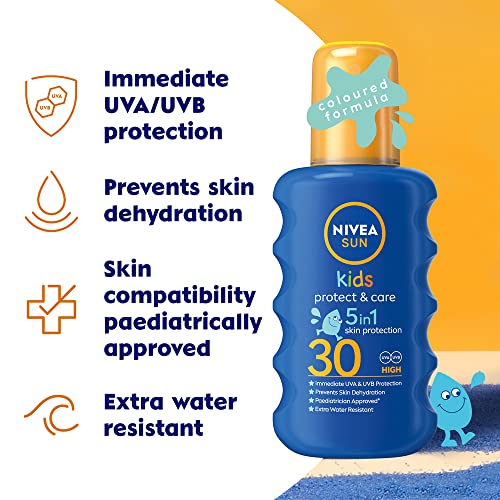 Nivea SUN Kids Protect & Care Coloured Spray SPF 30+ (200 ml) Sunscreen Spray with SPF 30 Kids Suncream for Sensitive Skin, Immediately Protects Against Sun Exposure - DealYaSteal