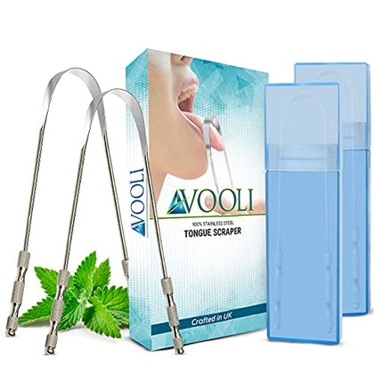 AVOOLI Tongue Scraper UK Pack of 2-100% Stainless Steel Tongue Scrapers for Adults Tongue Care Tool - Best Metal Tongue Cleaner and Toungescraper for Adults Oral Hygiene Kit - DealYaSteal