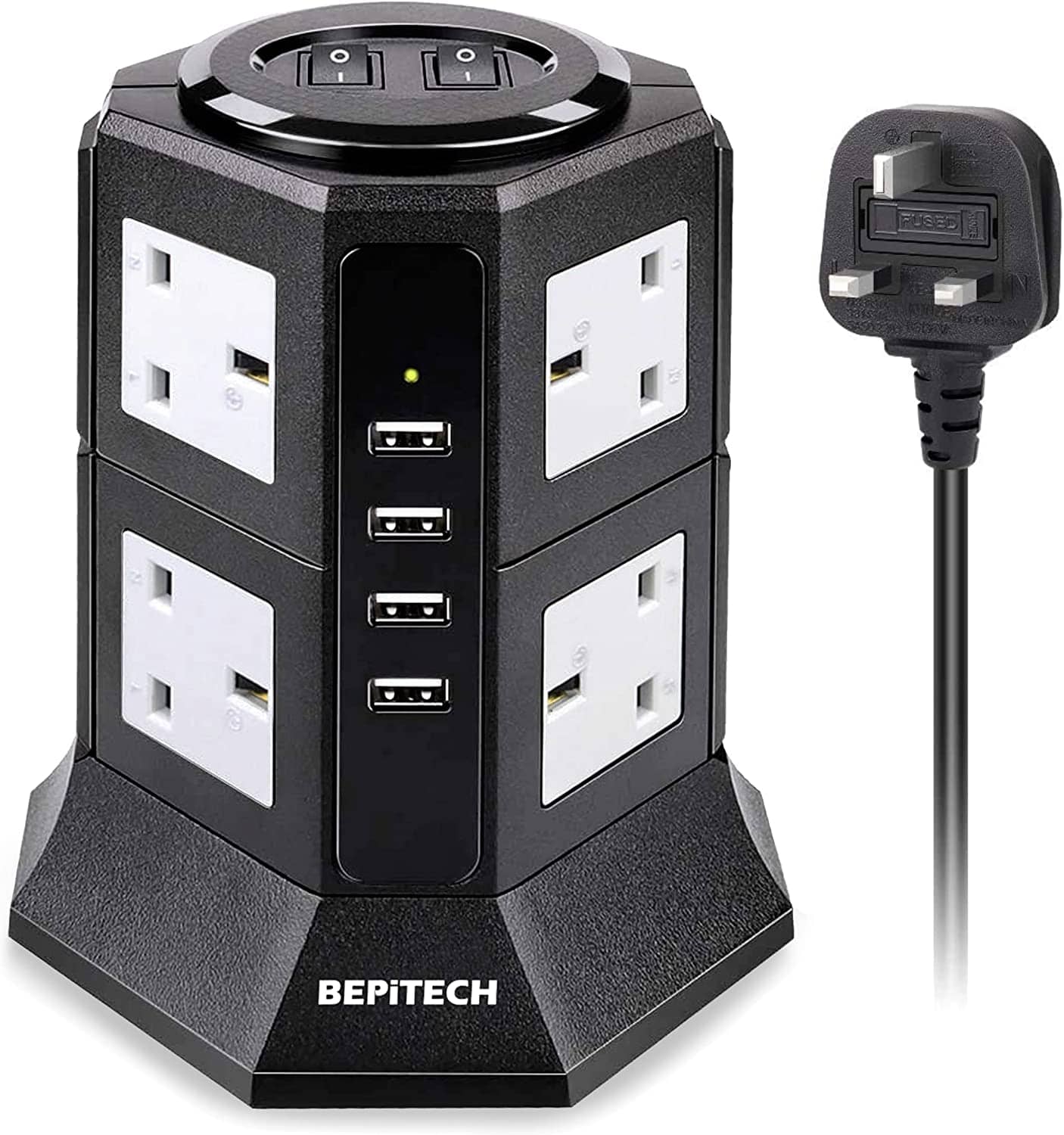 BEPiTECH Power Extension Cord, 8-Power Socket 10 Ampere with 4 USB Charger Station, Office Supplies Protected Extension Cable, Fire Retardant Multi-Plug Tower, Switched Power Strip (black) - DealYaSteal